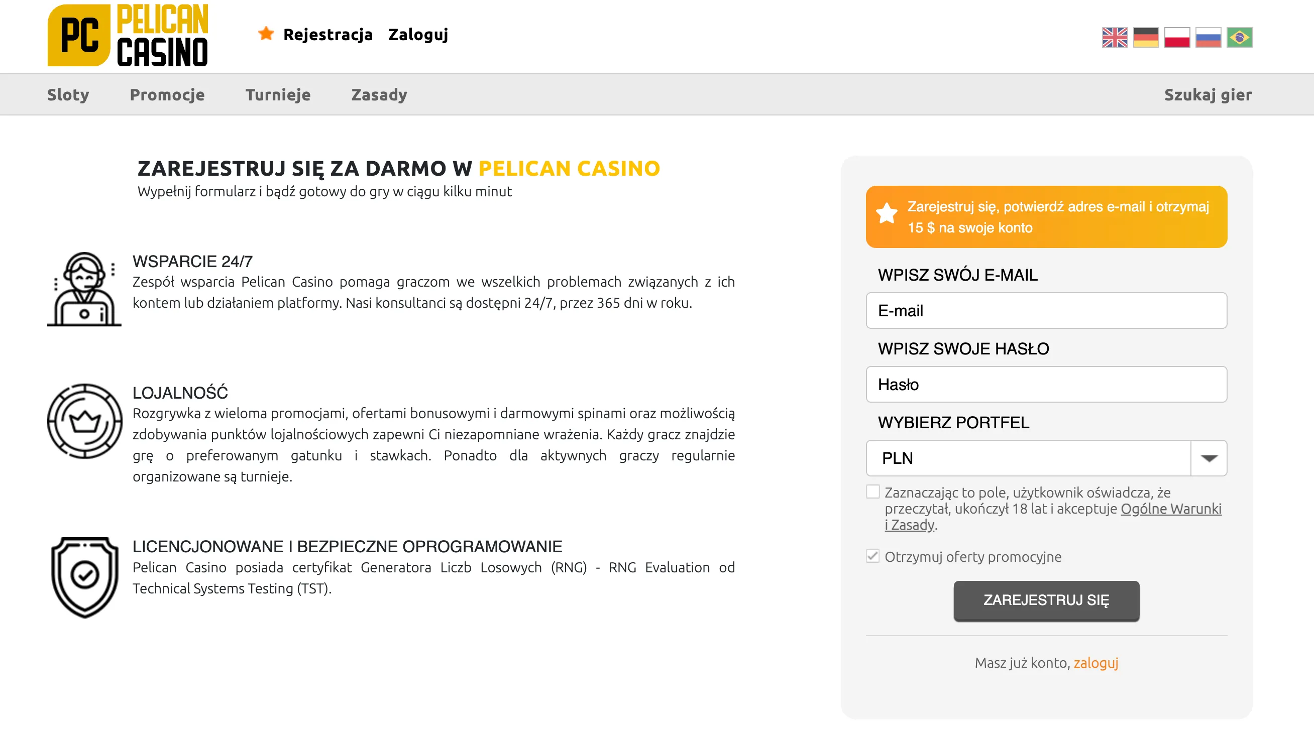 Etapy rejestracji w Pelican Casino